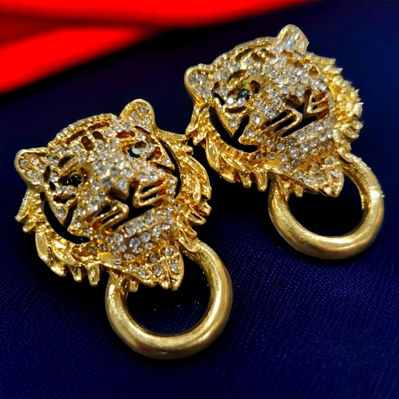 Runway Style Jeweled Tiger Earrings - Picture 2 of 4